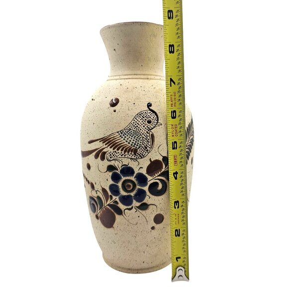 Mexican Tonala Pottery Vase Bird & Floral Design Beige Brown Blue - Picture 16 of 16